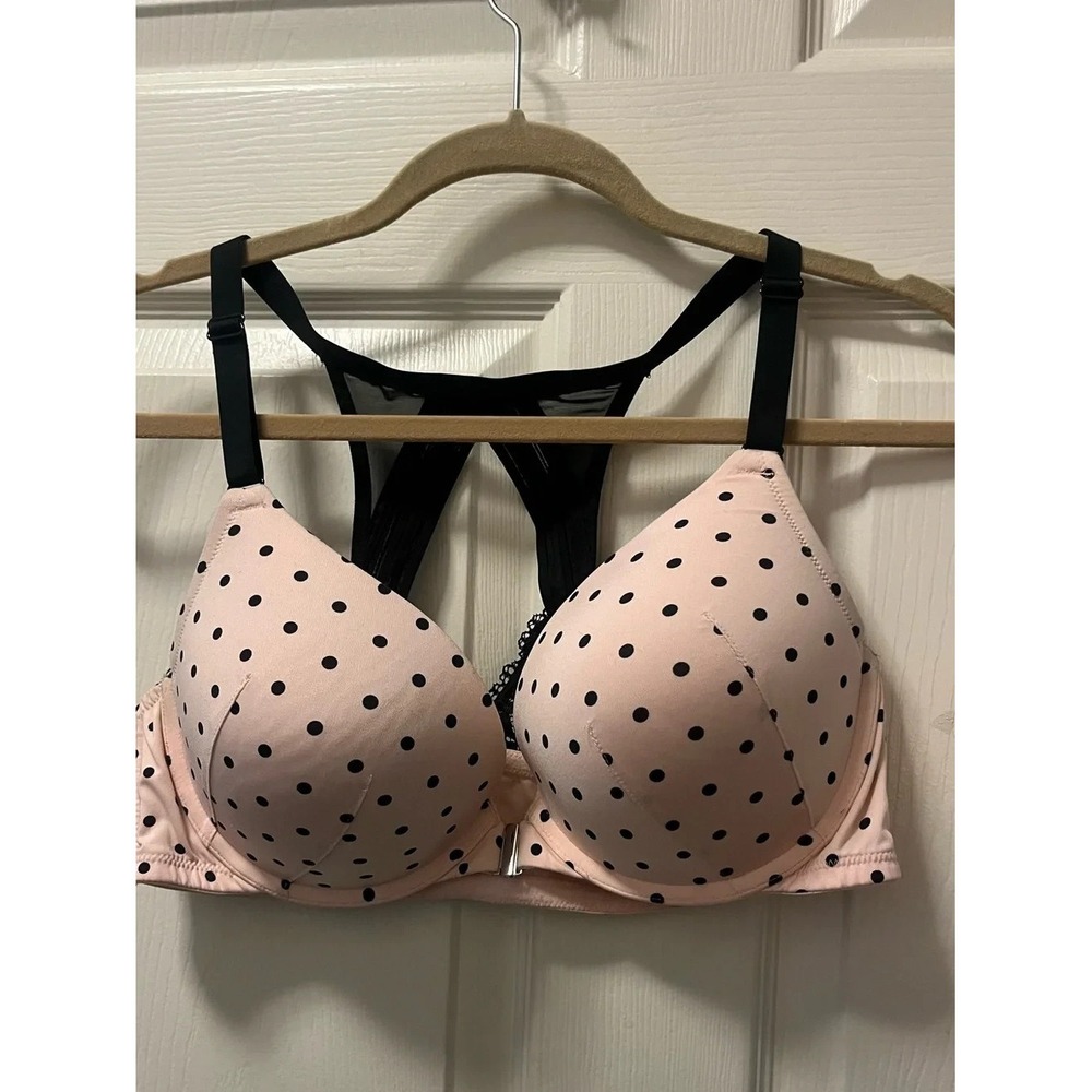 Cacique Snap Front Pink Black Polka Dot Racerback Push Up Bra Womens Plus SZ 40C